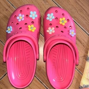 CROCS Pink and Yellow Sandals with Floral Accents